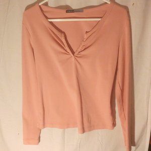 "Elegant Fibers Long Sleeved T-Shirt with Gathered V-Neck"